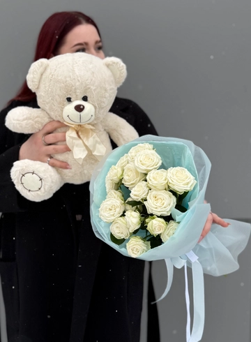Комбо из букета роз с мишкой «Сюрприз» от интернет-магазина цветов в 